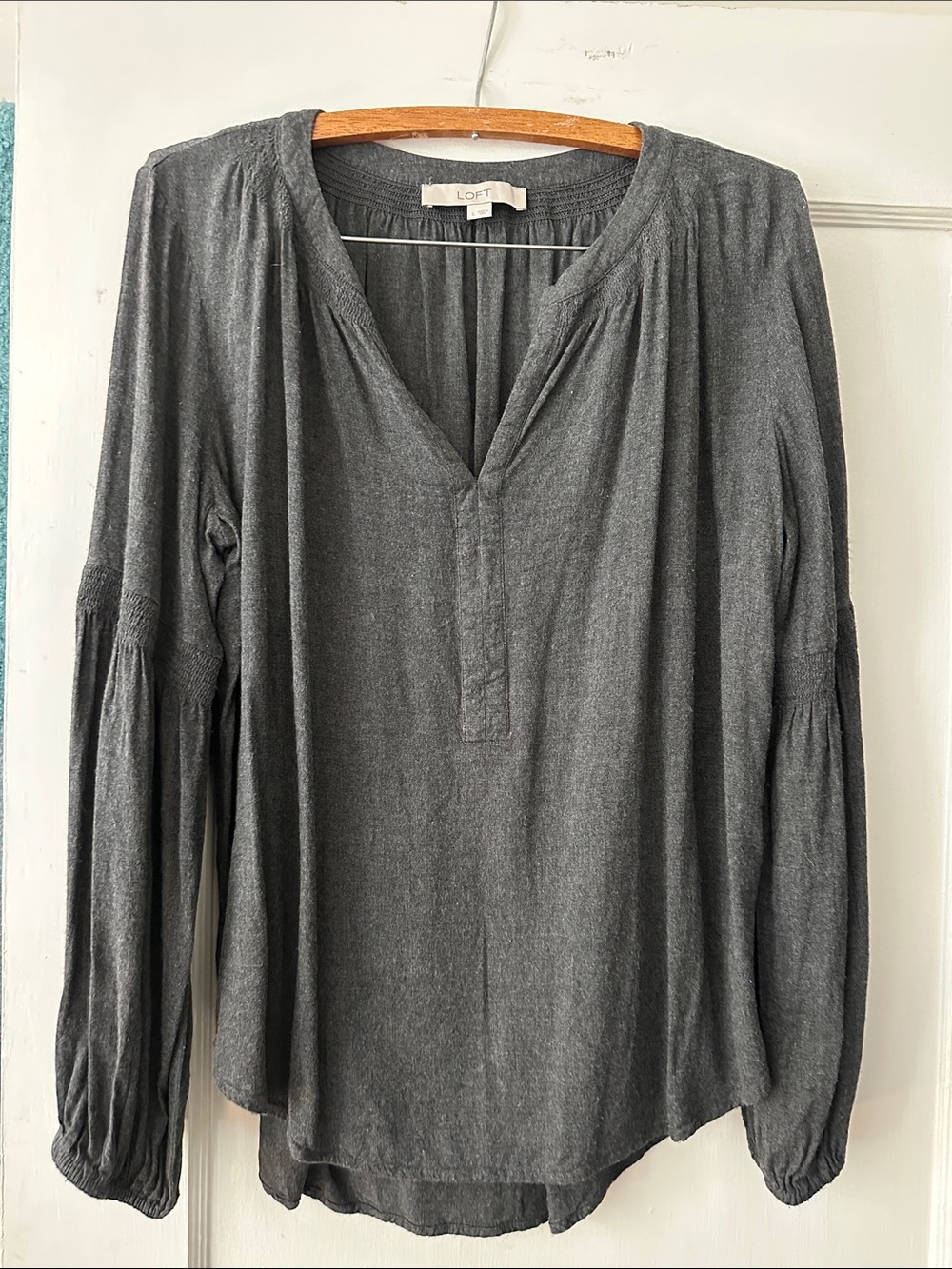 LOFT Charcoal Gray Long-Sleeve V-Neck Peasant Blouse Large Boho